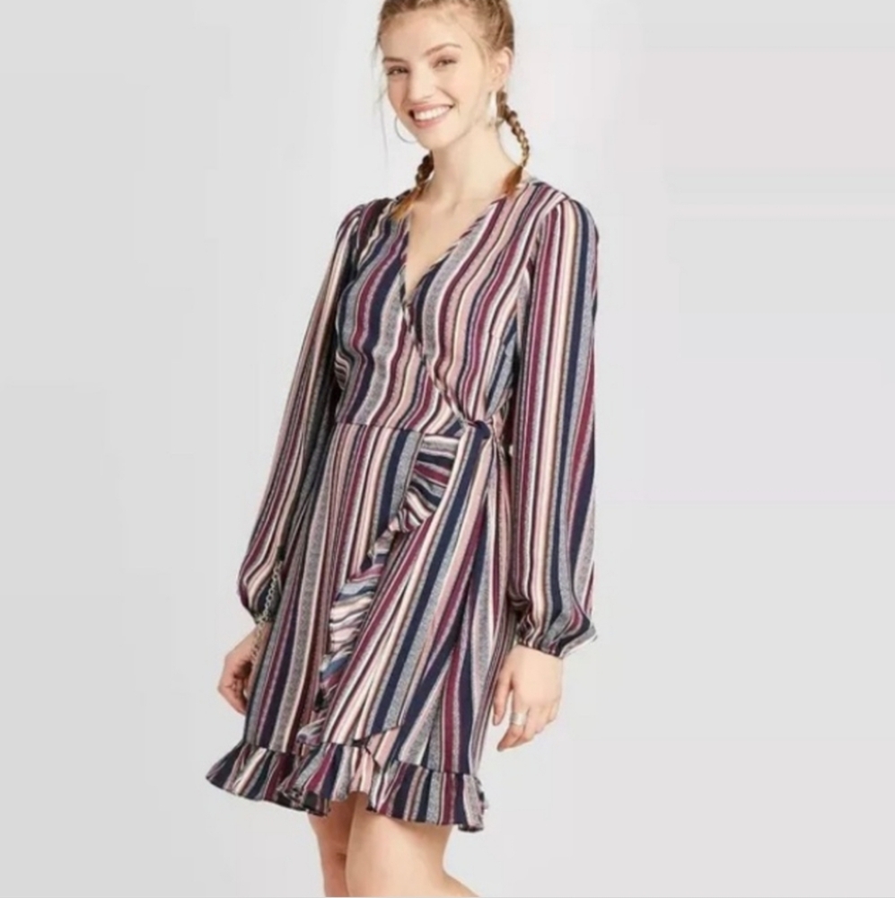 Xhilaration Navy/Pink Striped Long Sleeve Faux Wrap Dress with Ruffles | Size XL
